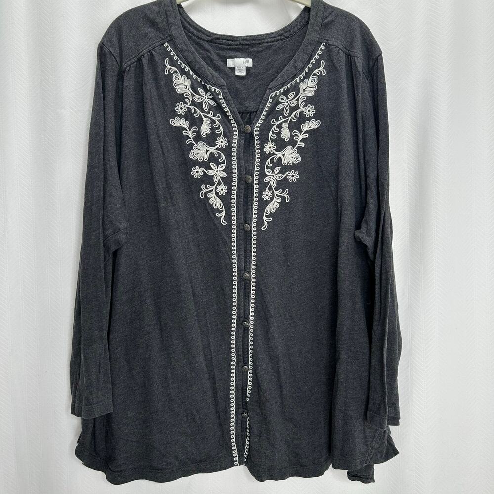 J Jill dark plus gray blouse white embroidery long sleeves 4X button up casual